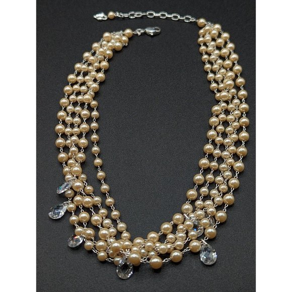 Carolee Faux Pearl Bead Multi Strand Layered Clear Faceted Teardrop Necklace - Picture 5 of 6